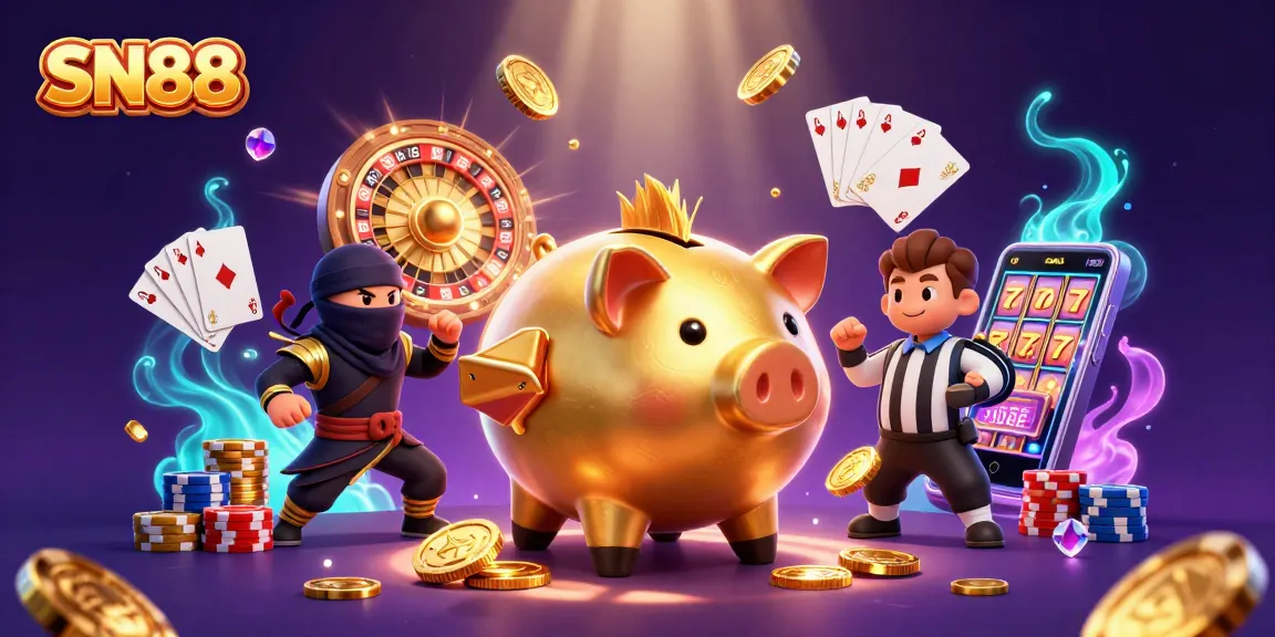 Experience thrilling gaming with SN88's action-packed casino illustration featuring dynamic characters and vibrant elements.