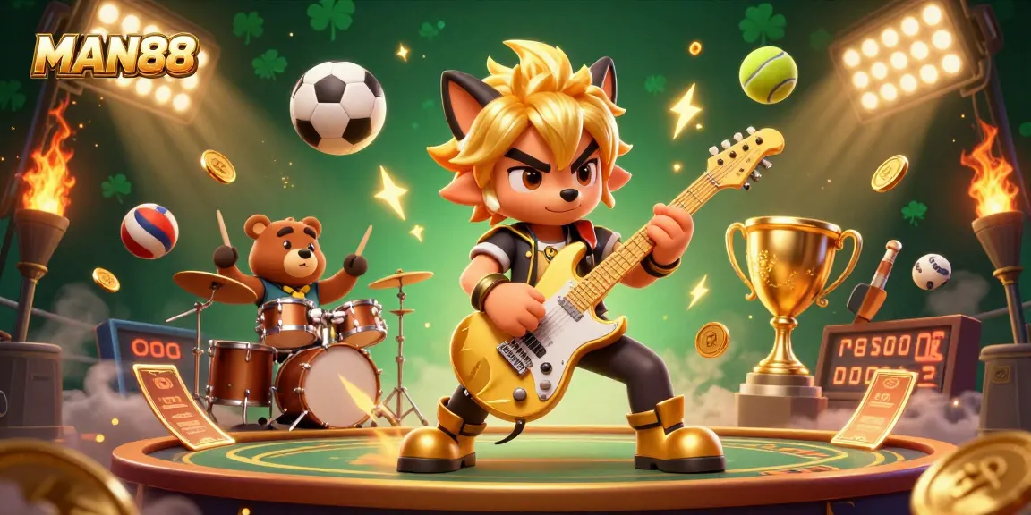 Experience MAN88's thrilling casino stage with a rock star wolf and wild bear drummer amid dynamic sports effects.