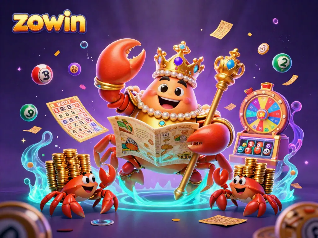 Experience the vibrant world of zowin with a golden crab emperor ruling over an energetic casino scene with colorful elements.