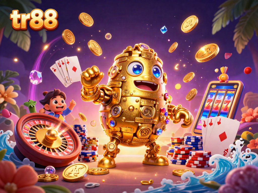 Experience tr88 in action as a golden golem enveloped by coins and game elements delivers excitement.