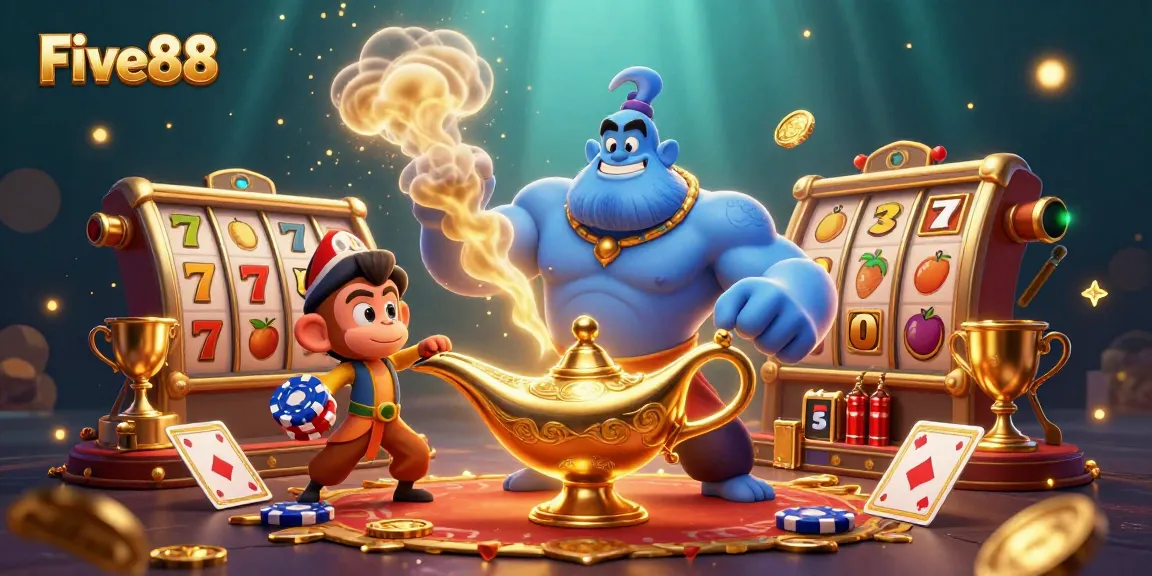 Experience the vibrant energy of Five88, a thrilling casino scene with colorful slot reels and characters.