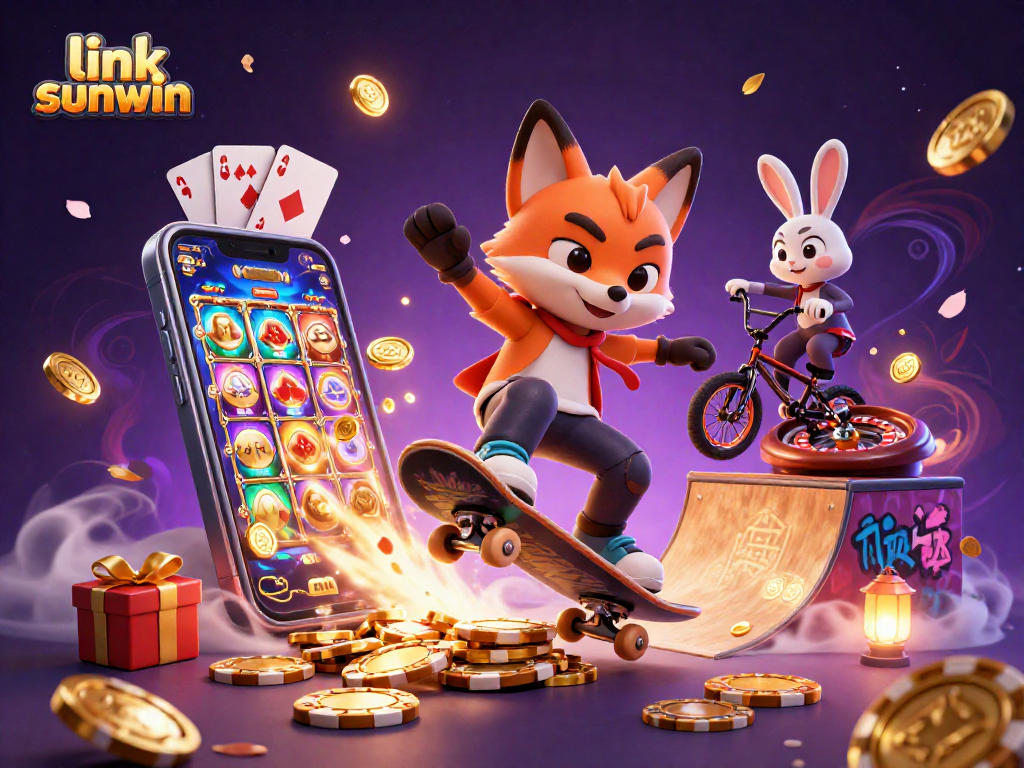 Experience thrilling gameplay with link sunwin as the fox skateboards over poker chips.