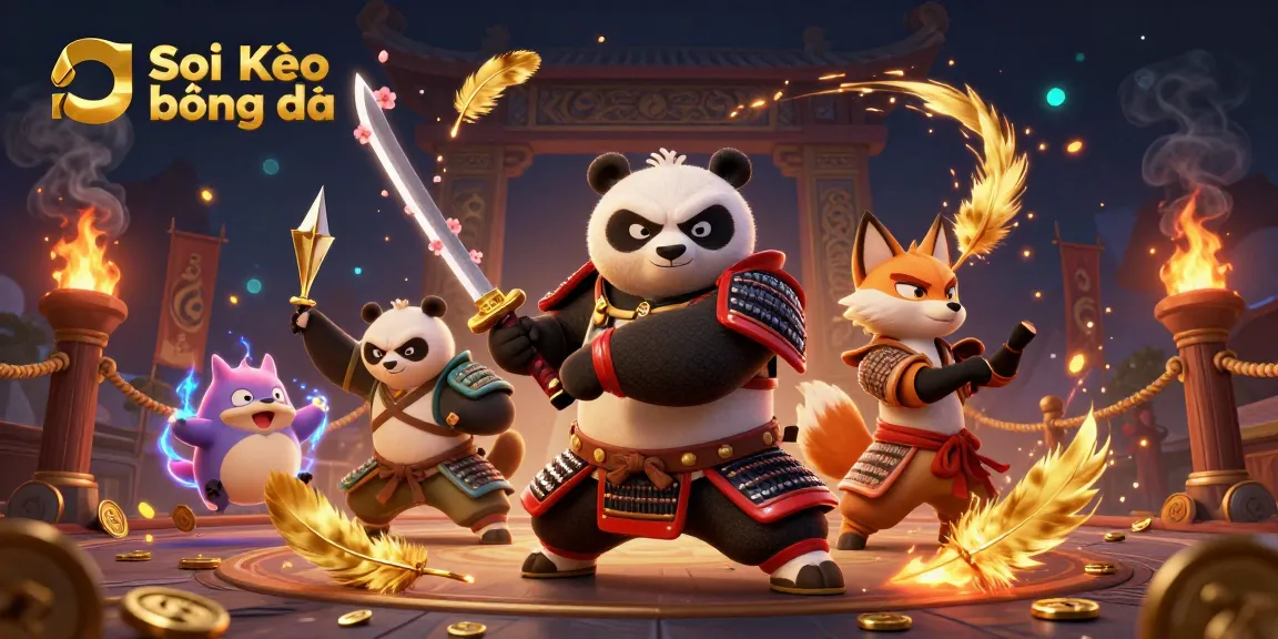 Soi Kèo bóng đá strategic betting visualization with samurai panda and ninja fox in a vibrant 3D arena.