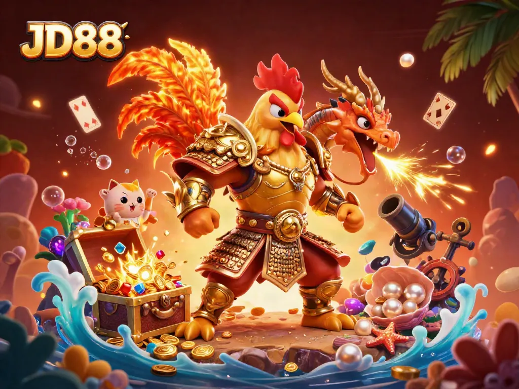 Experience the thrill at JD88 with a fierce rooster warrior in a money-filled casino scene.