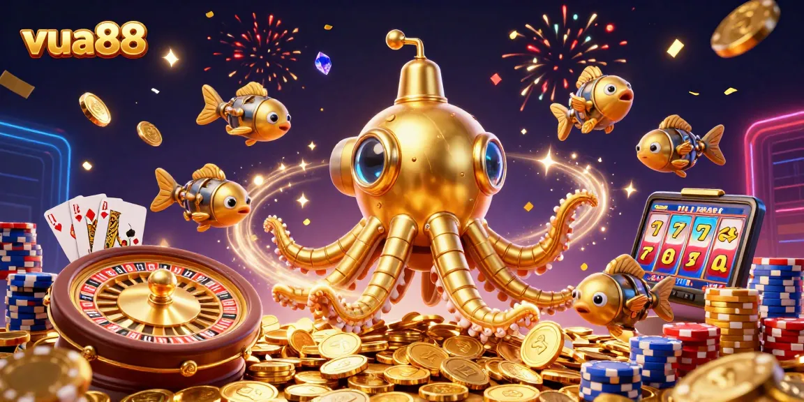 Engage with vua88's vibrant casino adventure featuring a golden kraken amidst a treasure of coins and games.