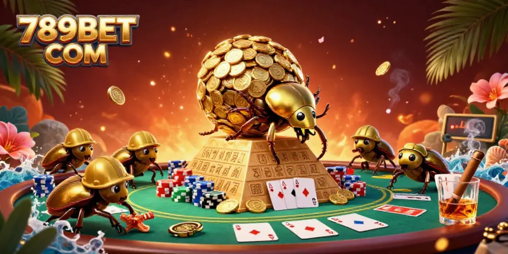 Engage with the vibrant scene of 789BET COM featuring an illustration of cartoon beetles rolling golden coins in a casino-themed backdrop.