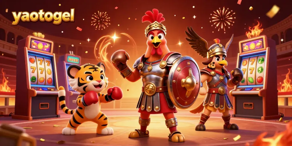 Experience the excitement of yaotogel with vibrant slot machines and dynamic characters in a lively casino arena.