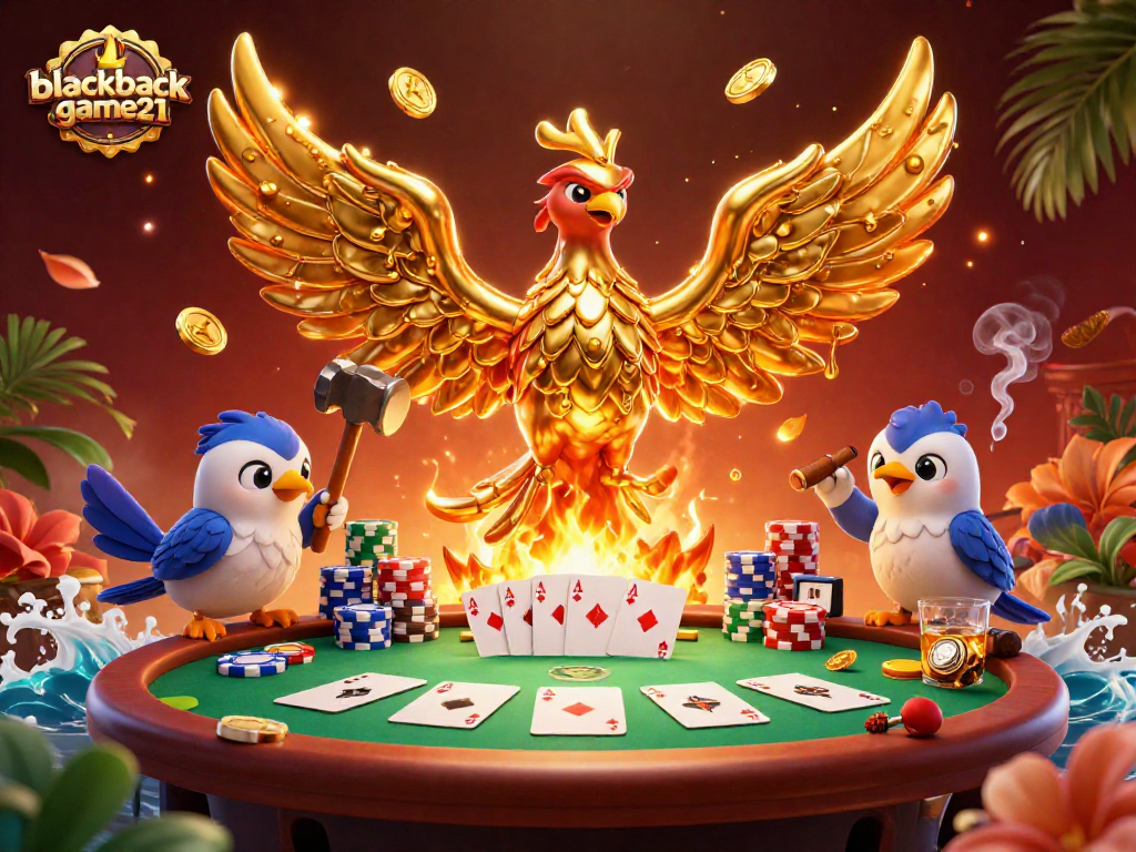 Experience live-action blackjack-game21 with a molten phoenix and poker elements in a vibrant 3D illustration.