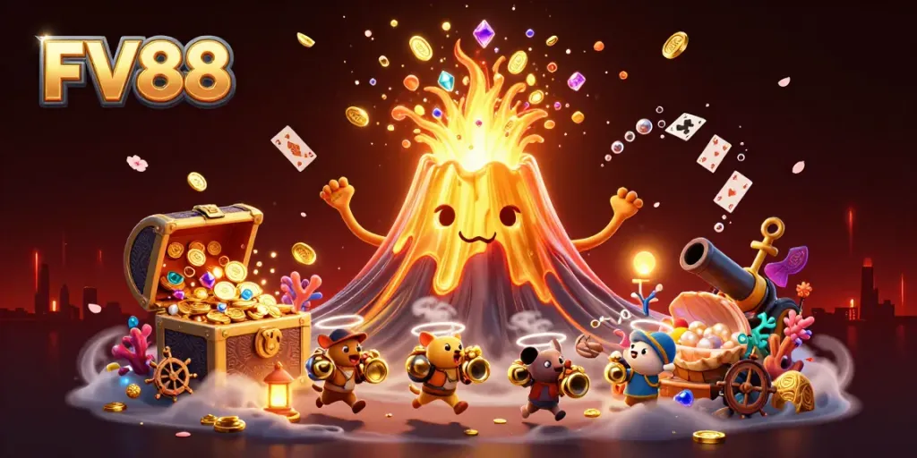 Experience FV88's thrilling adventures with a golden volcano bursting treasures, enchanting sea elements, and vibrant characters.