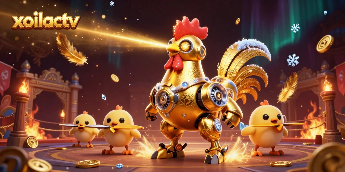 Experience thrilling betting action with xoilactv's iconic rooster robot amid a bustling digital casino scene.