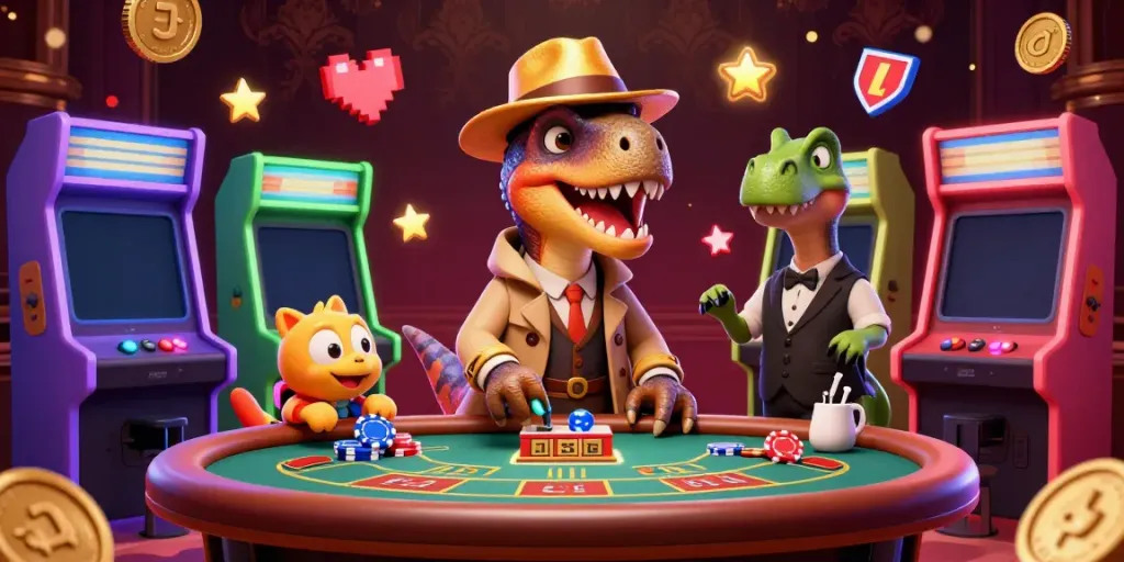 Experience HAY88 excitement as a cartoon velociraptor tries to blend in at a vibrant blackjack table.