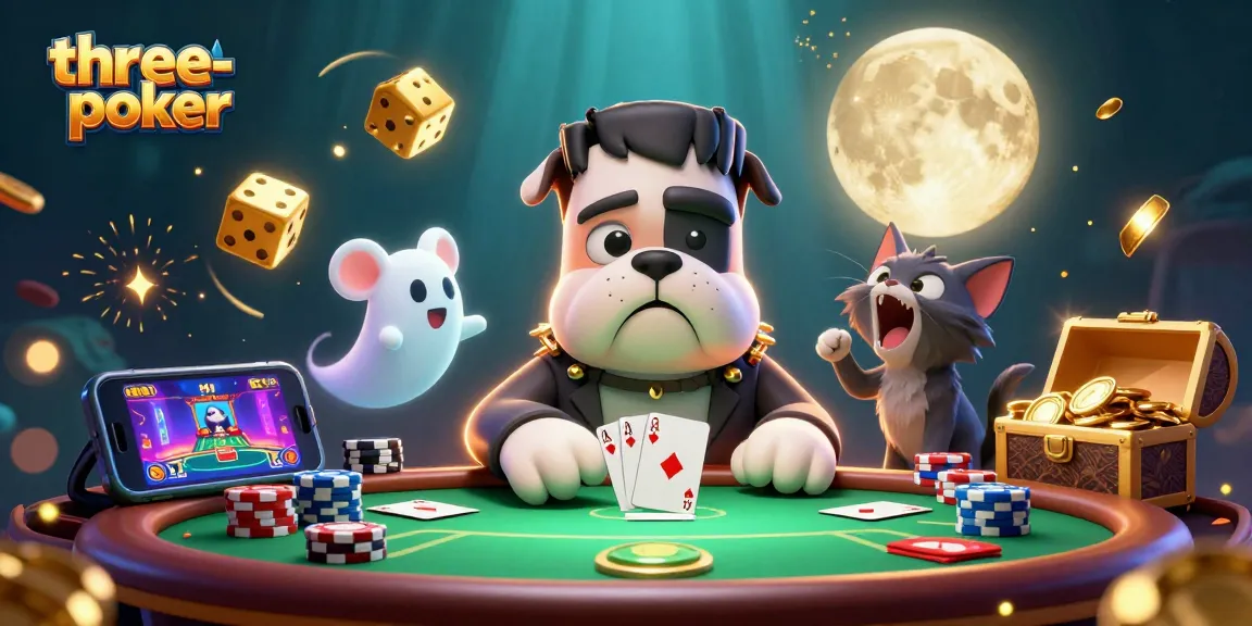Experience exciting three-card-poker action featuring a lively scene with characters and poker elements.