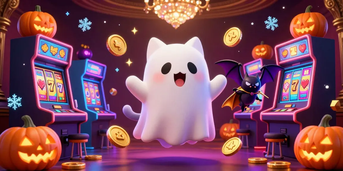 Experience PG88's casino thrills with a ghost cat in a vibrant gaming scene, showcasing slots and arcade games.