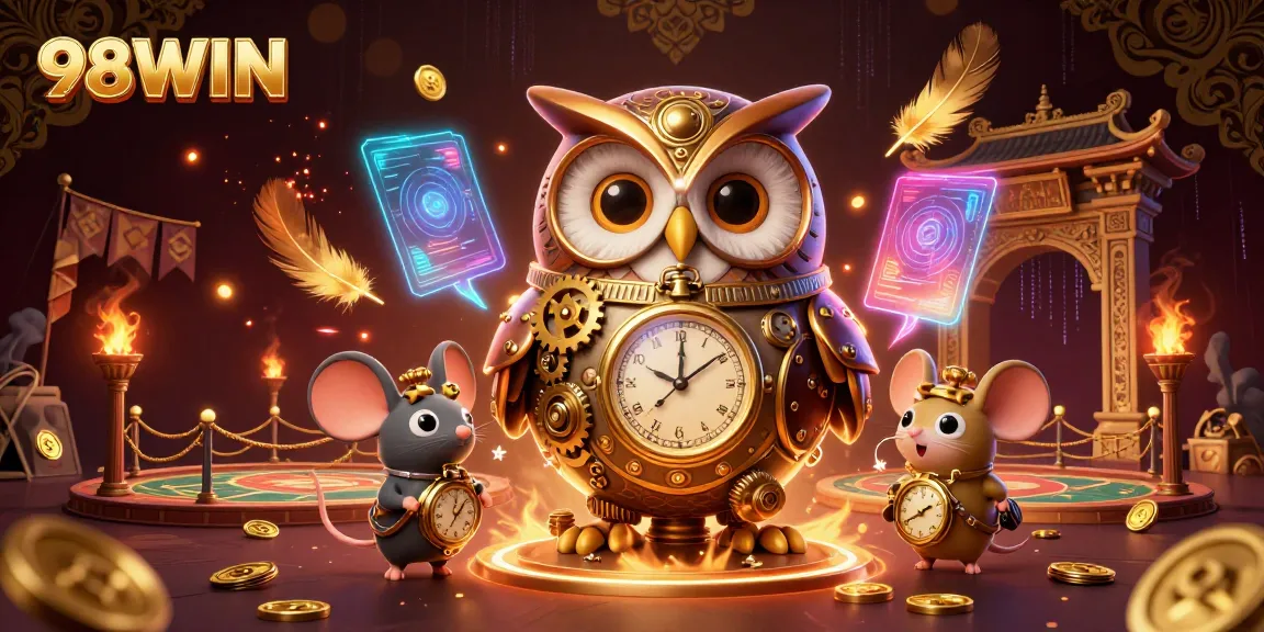 Engage with 98WIN in an exciting scene of a time-traveler owl and casino elements, showcasing thrilling betting action.