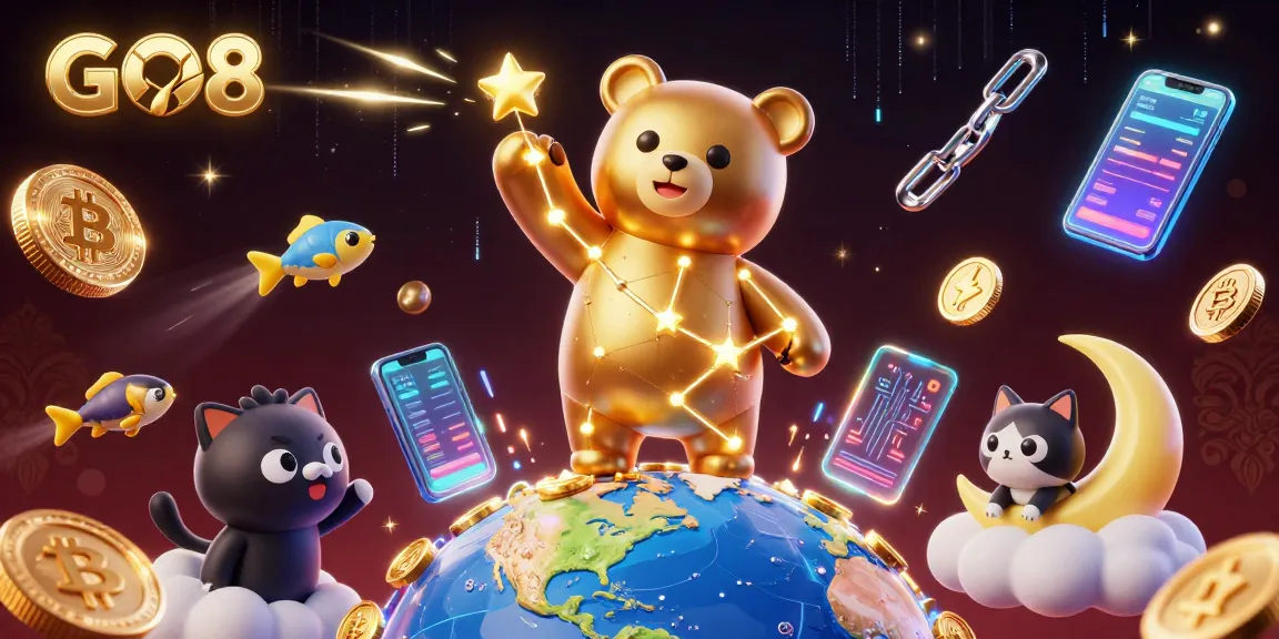 Engage in thrilling gaming experiences at GO8 with a dynamic 3D illustration of casino elements and characters.