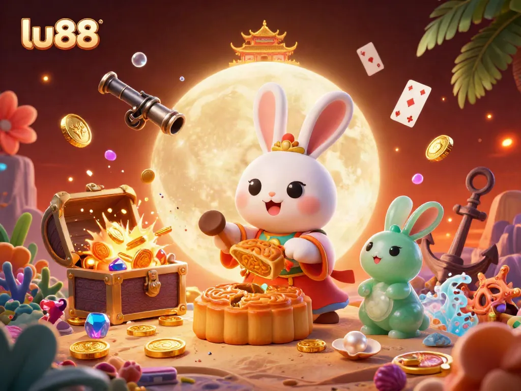Experience thrilling gameplay with lu88, where the moon rabbit reveals poker chips in a fantasy casino setting.