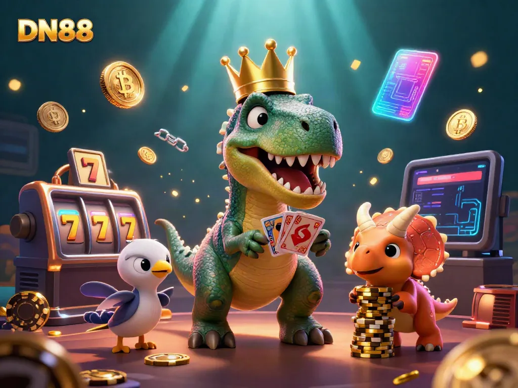Engage in gaming with DN88, featuring a T-Rex juggling cards and a triceratops stacking chips.