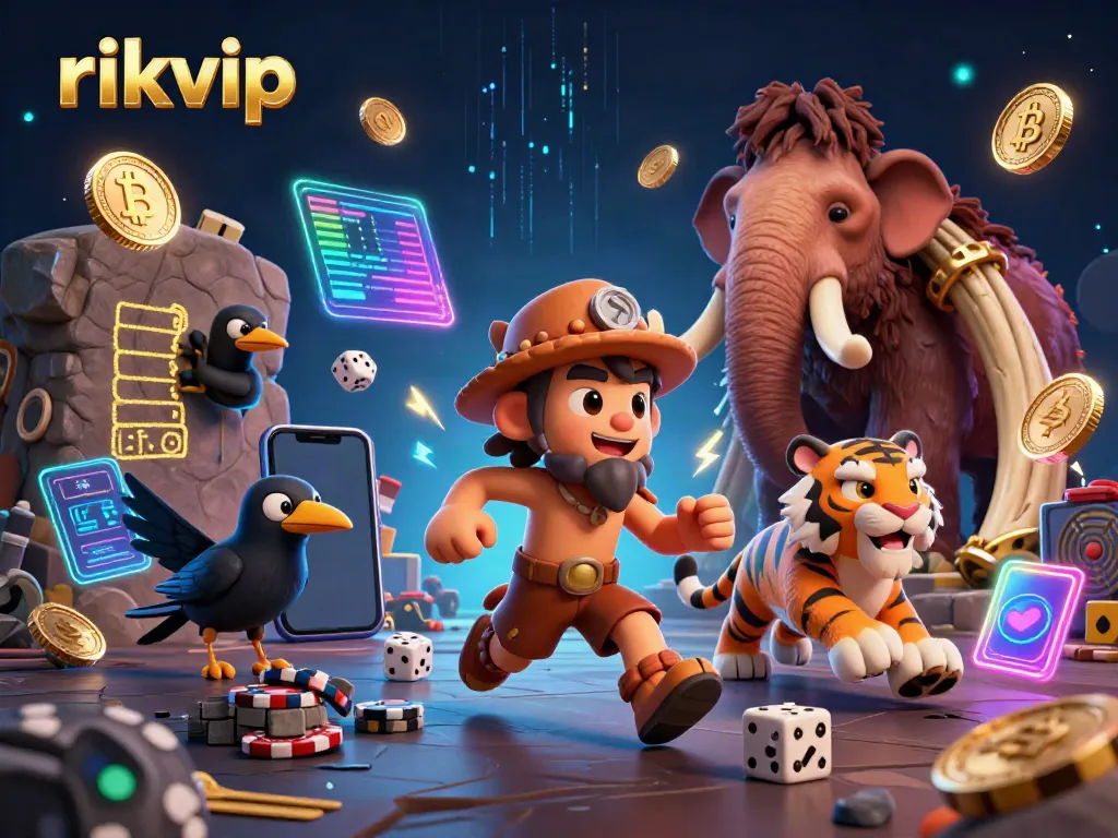 Experience thrilling casino action at rikvip with a dynamic scene of cavemen and a sabertooth tiger.
