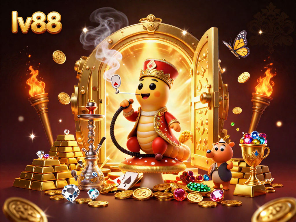 Experience thrilling moments with lv88's vibrant casino scene featuring a hookah-master and treasure vault.