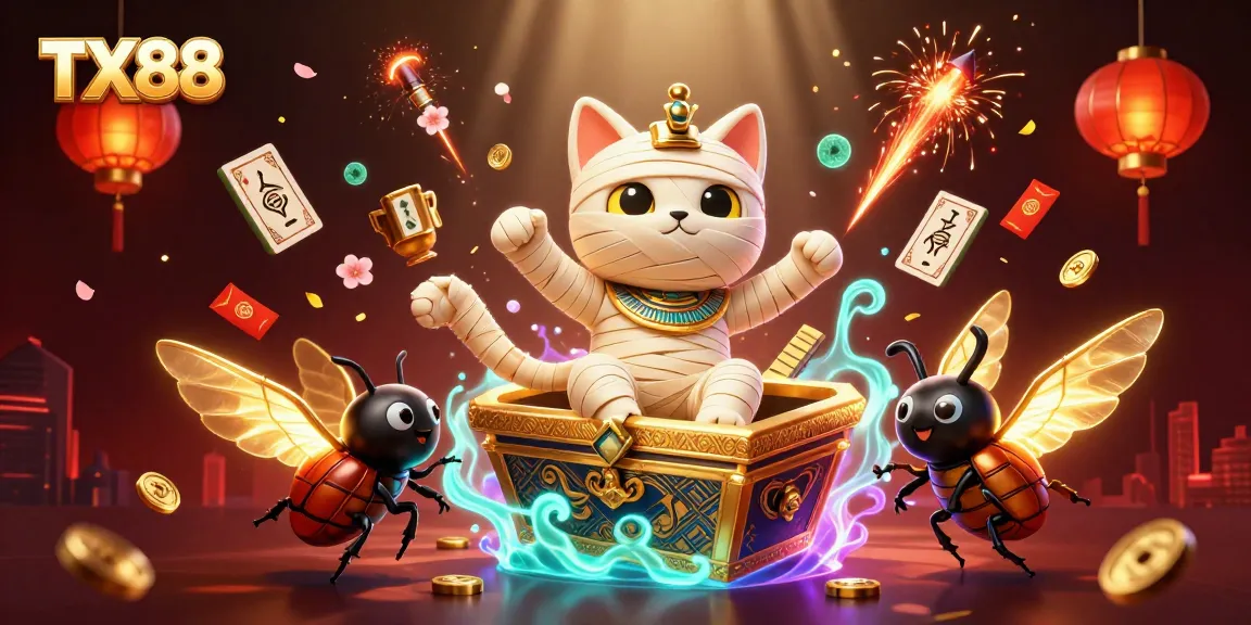 Engage in thrilling gameplay with TX88 featuring a cartoon Egyptian mummy cat and vibrant casino elements.