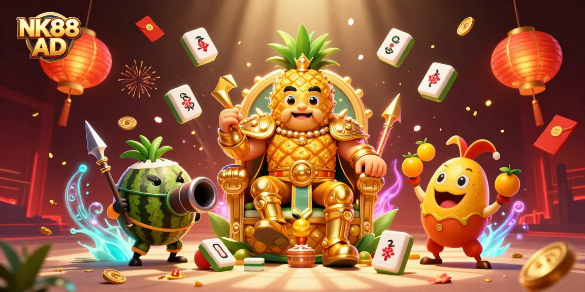 Experience exciting wins at NK88 AD with a vibrant beach casino scene featuring a golden pineapple king.