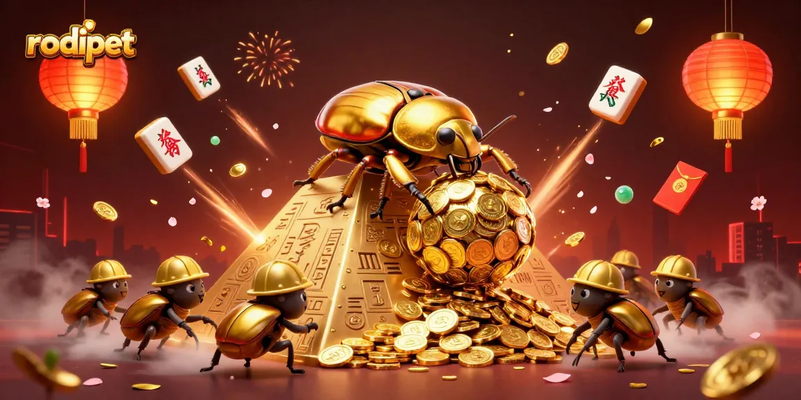 Enjoy thrilling rodipet gaming with golden beetles and casino symbols in a vibrant 3D scene.