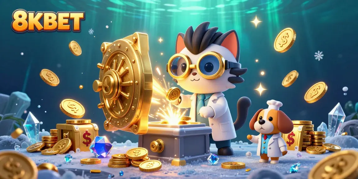 Engage with 8KBET’s thrilling slots experience in a dynamic casino-themed illustration.