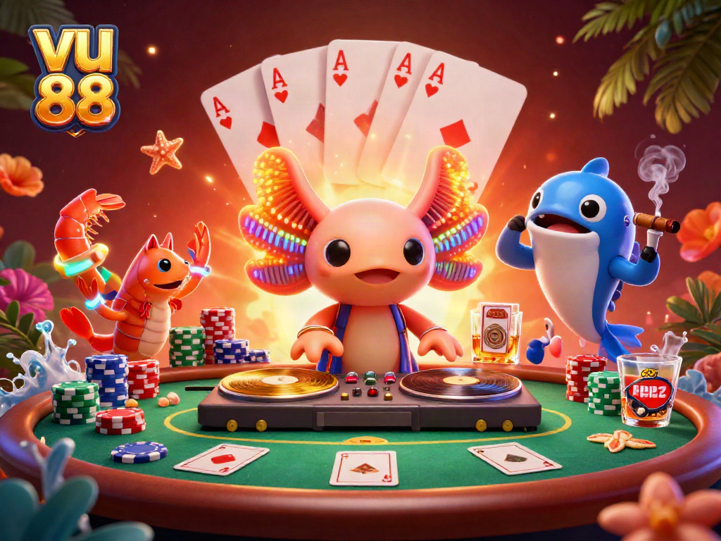 Experience the vibrant fun of vu 88 with a neon axolotl DJ, poker elements, and lively sea creatures.