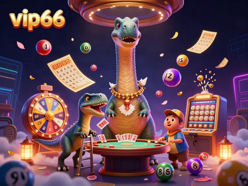Engage with the vibrant world of vip66 as a brontosaurus towers over a dynamic casino scene filled with excitement and games.