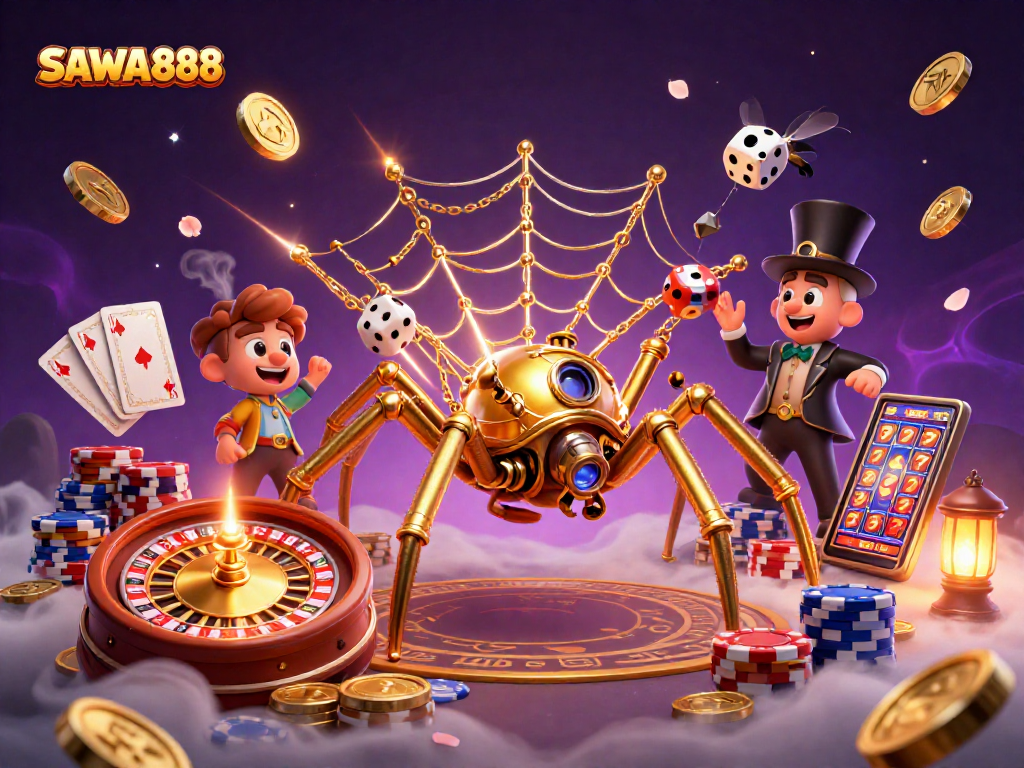 Experience SAWA888's exciting gaming with a steampunk spider and casino elements.