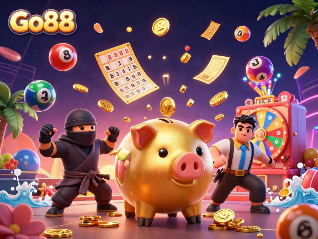 Experience exciting games at Go88 with vibrant gaming elements and dynamic characters celebrating wins.