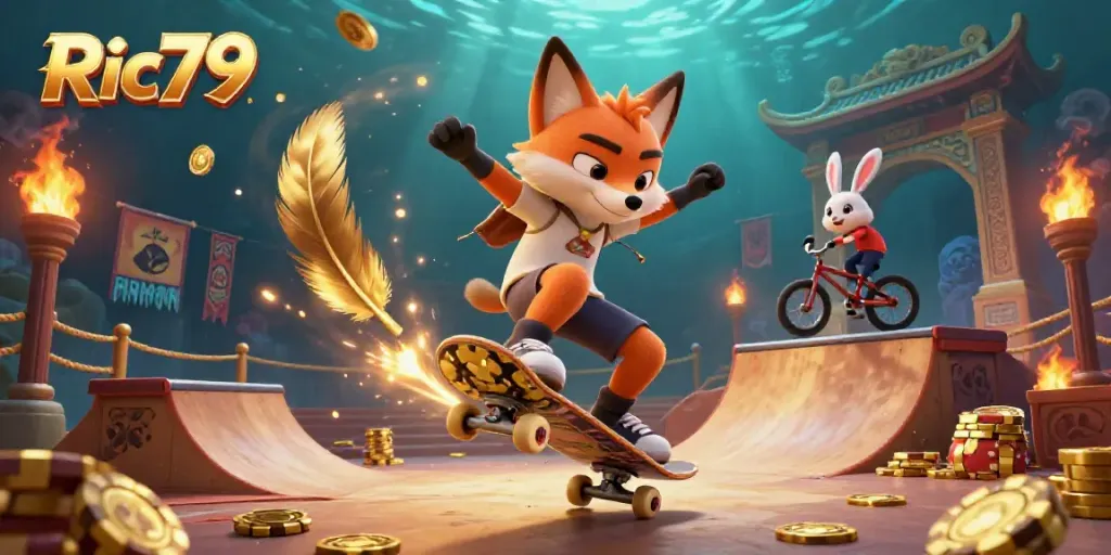 Ric79 skateboarder fox kicks over golden poker chips in vibrant casino scene.