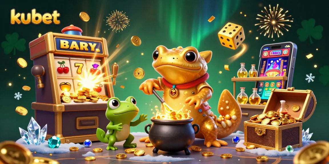 Experience the excitement of kubet with a vibrant 3D scene full of gold coins, games, and magical characters.