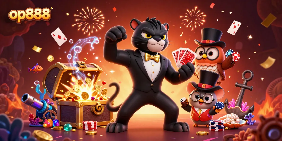 Engaging op888 scene with a stylish panther, poker owl, and lucky mouse in a vibrant casino setting.