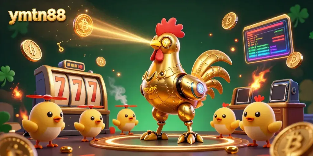 Experience the thrill of ymtn88's casino with vibrant golden rooster robots and crypto elements.