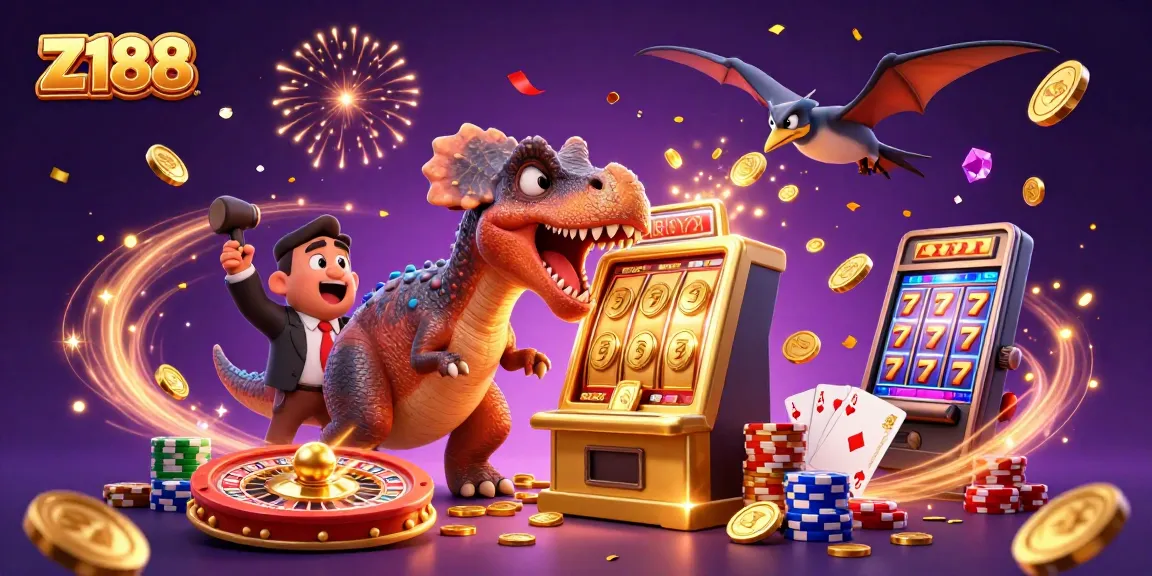 Z188 offers exciting jackpot wins in a dynamic casino scene with fun dinosaur characters