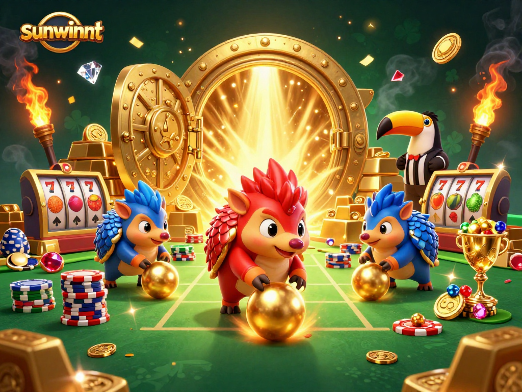 Engaging sunwinnt casino scene with rival pangolins competitively bowling through poker chips.
