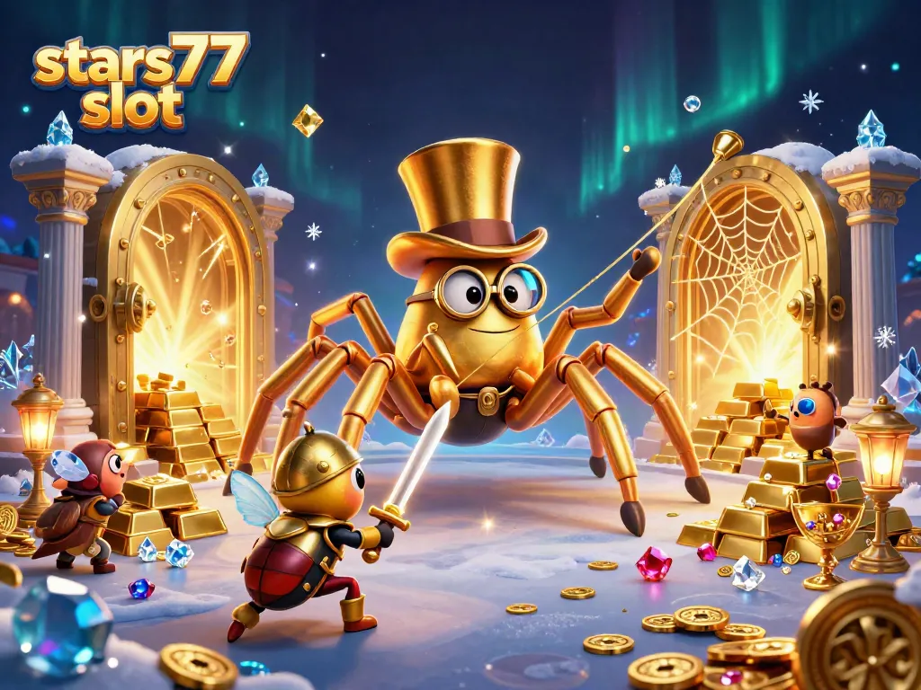 Permainan menarik di stars77 slot dengan tarantula emas dan ksatria kecil dalam suasana ceria.