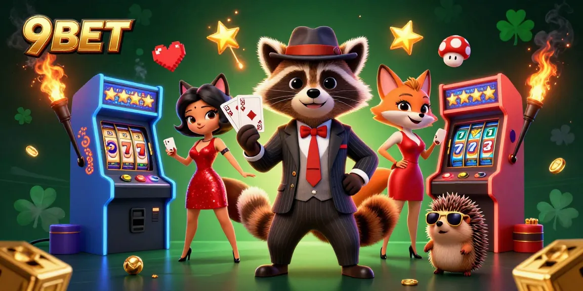Experience the thrill of winning with 9BET's vibrant 3D casino scene featuring a raccoon, fox, and hedgehog characters.