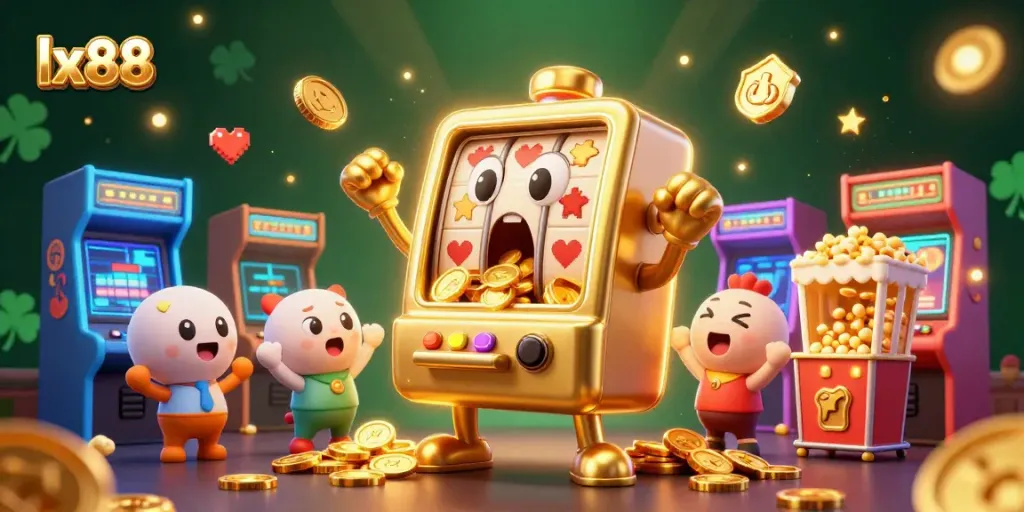 Spin the lucky lx88 slot machine as coins flood out, creating an exciting casino atmosphere.
