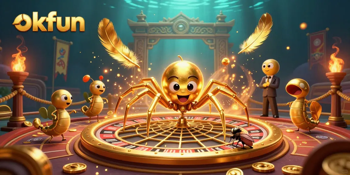 okfun engages players in a vibrant casino world with a golden spider and animated elements.