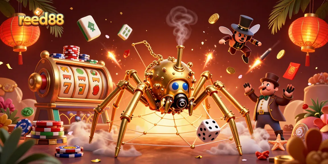 Experience the excitement of red88 with a dynamic 3D Casino illustration showcasing steampunk elements and vibrant casino symbols.