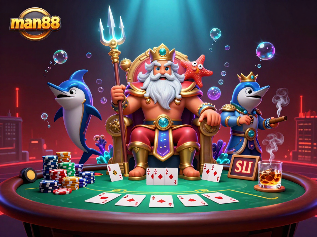 Experience the excitement of man88 with King Neptune and samurai in a vibrant casino scene.