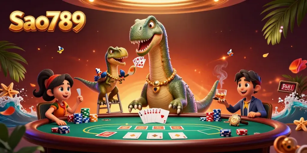 Poker scene with Sao789, where a tall brontosaurus peers over a poker table as a raptor deals cards, showcasing lively casino action.