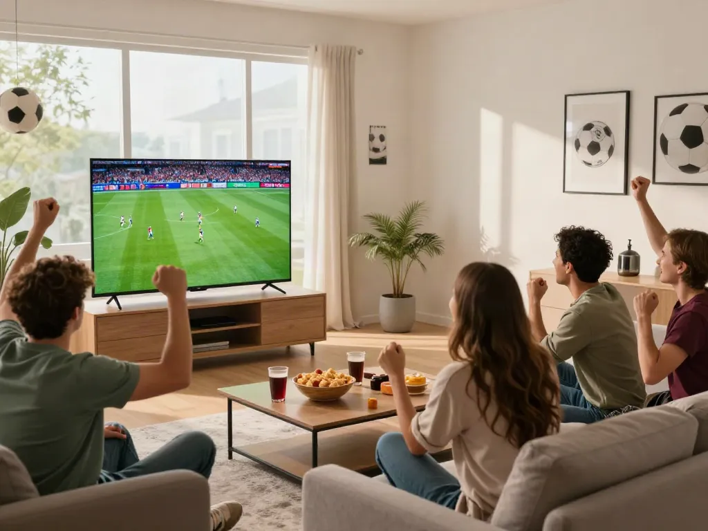 Friends enjoying a live football match on Gavangtv in a cozy living room.