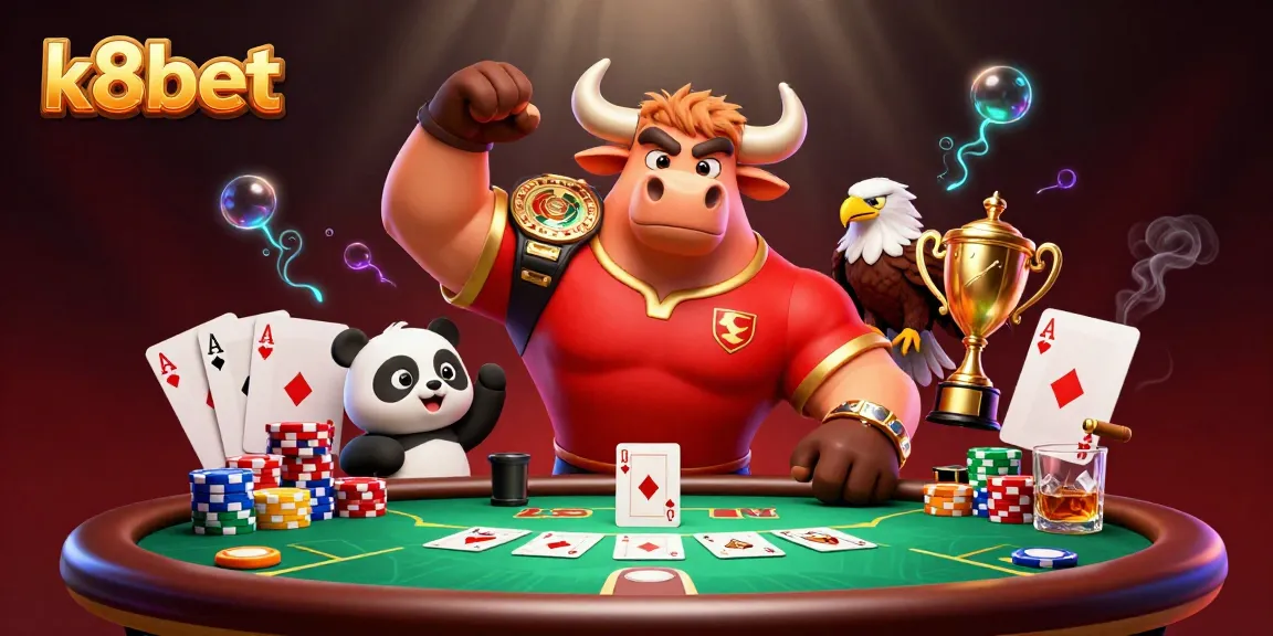 Engage with the excitement of k8bet as a muscular bull mascot celebrates victory in a vibrant casino scene.