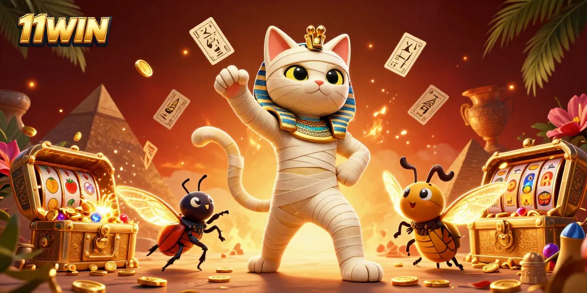 Spin the reels of excitement with 11WIN featuring a dynamic Egyptian-themed casino scene.