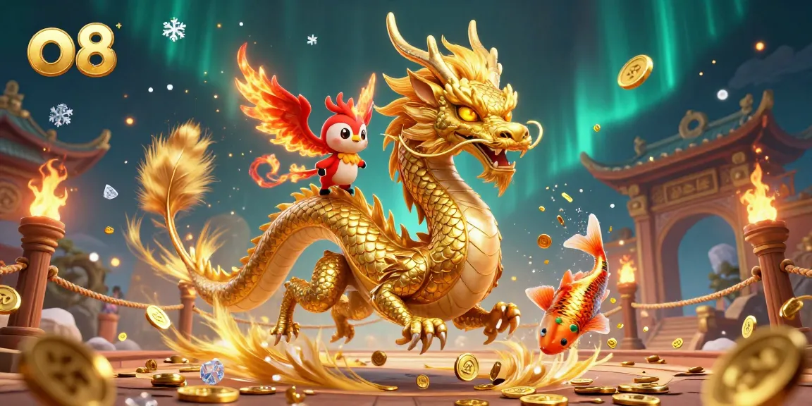 Experience thrilling action with o8 as a golden dragon, phoenix, and koi fish soar among coins.