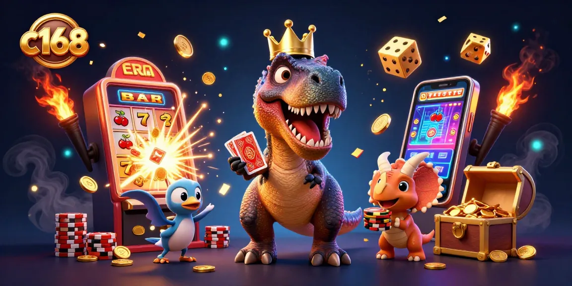 Experience gaming excitement with c168's animated characters and vibrant casino elements exploding with fun.