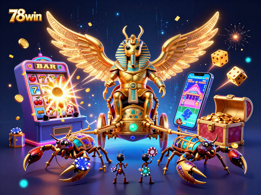Engage with 78win's vibrant casino scene featuring a golden scarab beetle, dazzling slot machine, and rich gaming elements.